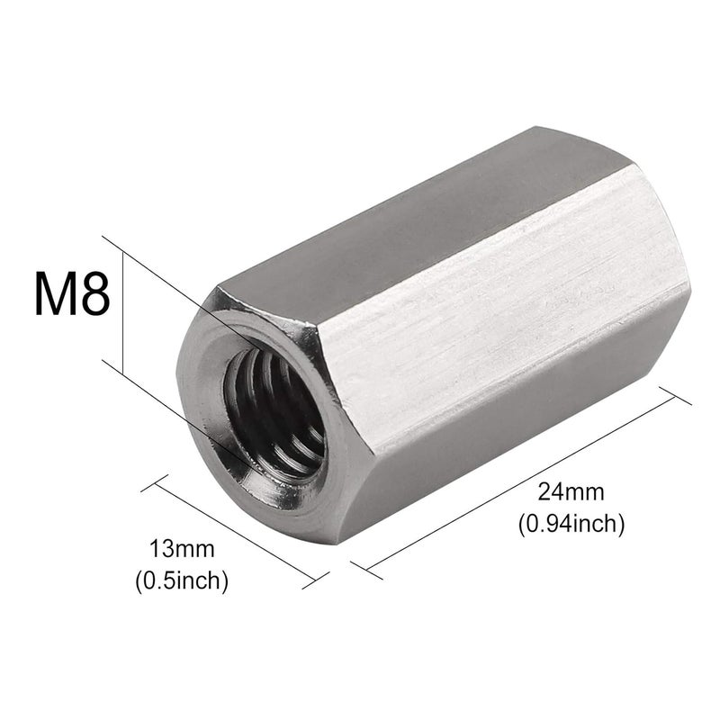 TOPPROS Pack of 6 M8 X 1.25-Pitch 24mm Length Metric Hex Coupling Nut 304 Stainless Steel Rod Coupling Nuts - Image 4